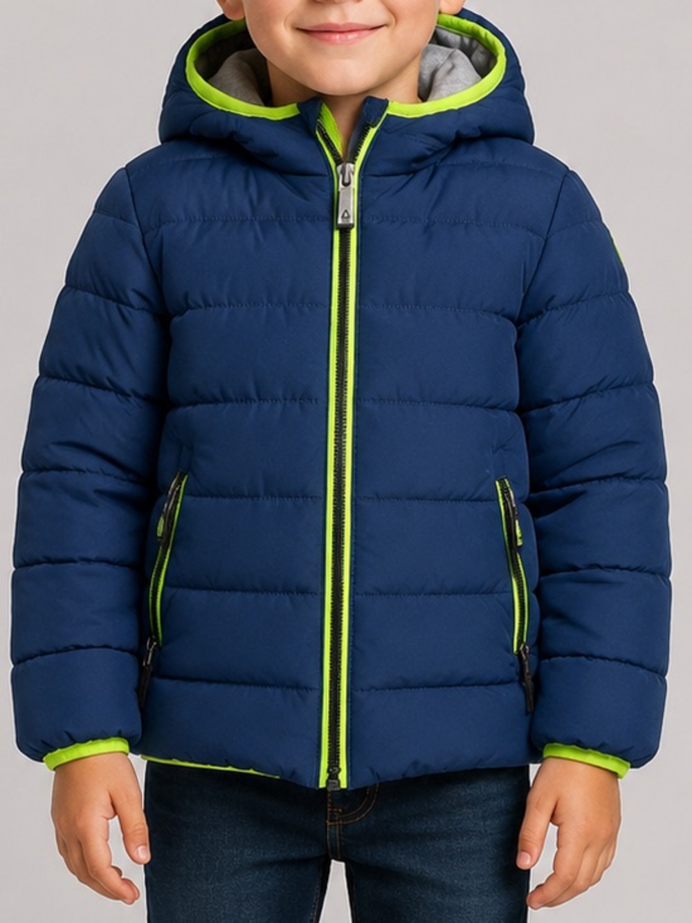 Gerry Toddler Boys Navy Blue Hooded Puffer Jacket Size 3T Neon Trim (1426)